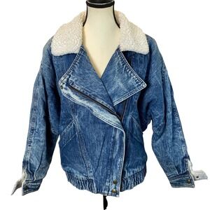 Vintage Andy Johns Acid Wash Sherpa Lined Denim Bomber Jacket Small Jean Moto